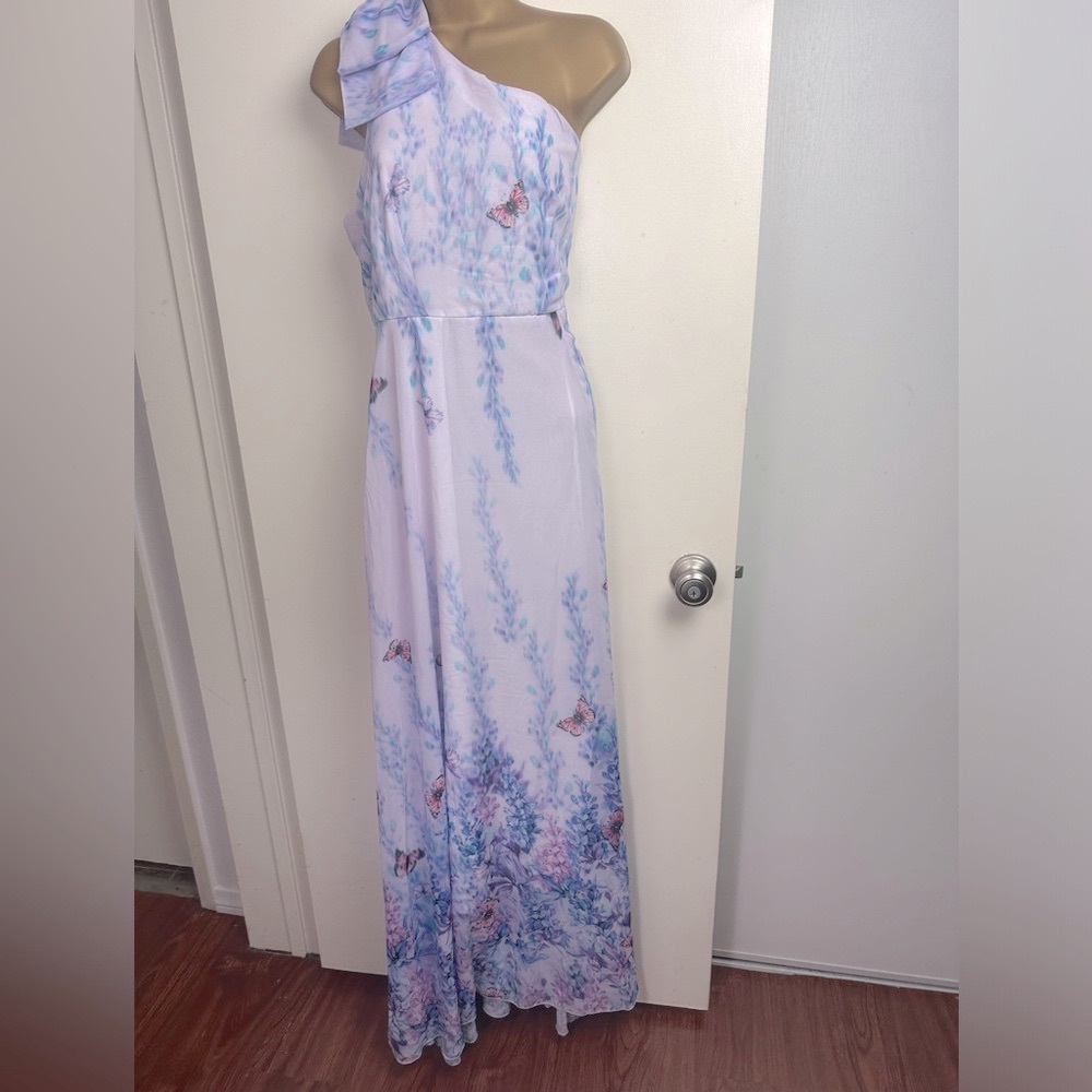 Toleen Purple Blue One Shoulder Butterfly Floral Print Front Slit Dress NWT M?